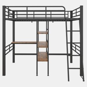 Cama alta 90x200 cm - com secretária e prateleiras para arrumação - Preto
