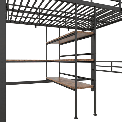 Cama alta 90x200 cm - com secretária e prateleiras para arrumação - Preto