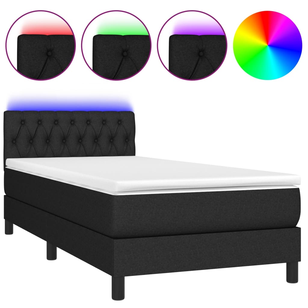 Cama box spring colchón y luces led tela negro 90x190 cm diseño de botones