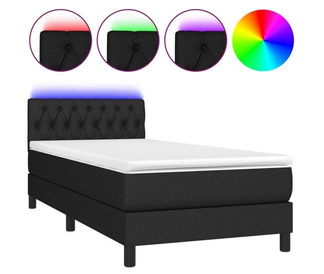 Cama box spring colchón y luces led tela negro 90x190 cm diseño de botones