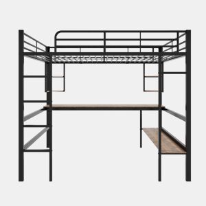 Cama mezzanine em ferro - 140x200 cm - com secretária e 5 prateleiras - Preto