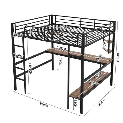 Cama mezzanine em ferro - 140x200 cm - com secretária e 5 prateleiras - Preto