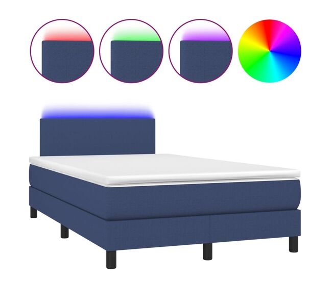 Cama box spring con colchón y led tela azul 120x200 cm diseño plano