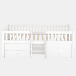Cama de criança em madeira maciça 90x200cm - com 4 gavetas - Branco (colchão não incluído)