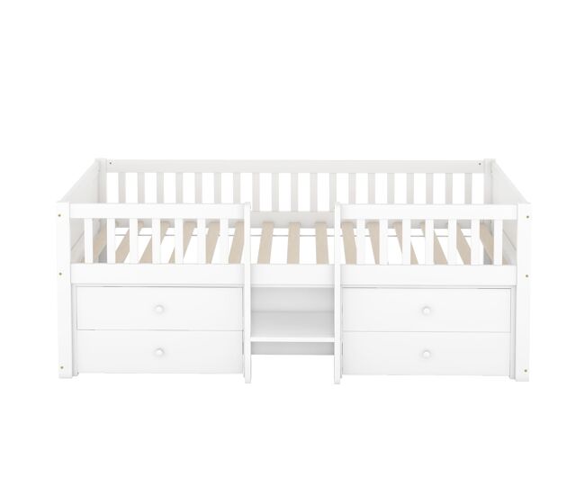 Cama infantil 90x200cm de madera maciza - con 4 cajones - blanco (colchón no incluido)
