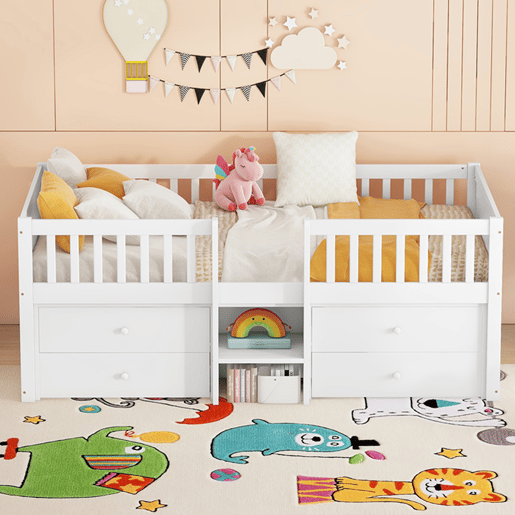 Cama de criança em madeira maciça 90x200cm - com 4 gavetas - Branco (colchão não incluído)
