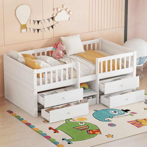 Cama de criança em madeira maciça 90x200cm - com 4 gavetas - Branco (colchão não incluído)