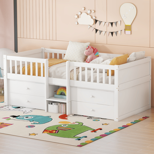 Cama de criança em madeira maciça 90x200cm - com 4 gavetas - Branco (colchão não incluído)