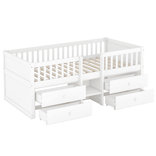 Cama de criança em madeira maciça 90x200cm - com 4 gavetas - Branco (colchão não incluído)