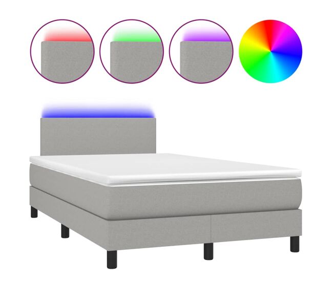 Cama box spring con colchón tela y led gris claro 120x200 cm diseño plano
