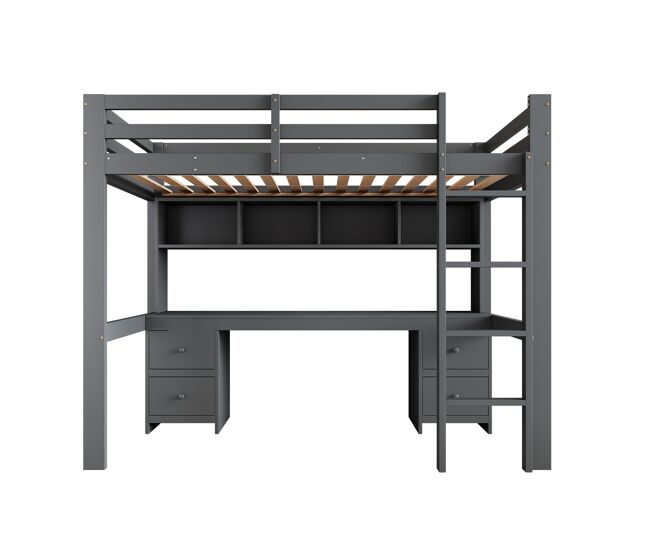 Cama entresuelo 90x200 cm - con escritorio y 2 cómodas - de pino macizo y mdf - gris
