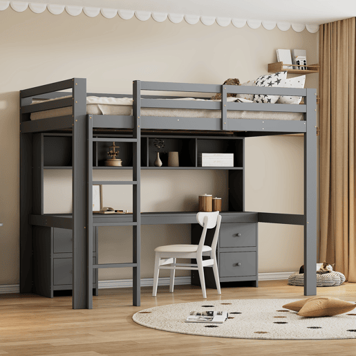 Cama mezzanine 90x200 cm - com secretária e 2 cómodas - pinho maciço e MDF - Cinzento