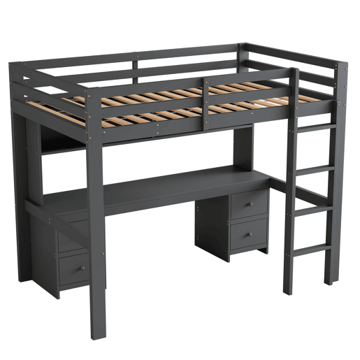 Cama mezzanine 90x200 cm - com secretária e 2 cómodas - pinho maciço e MDF - Cinzento