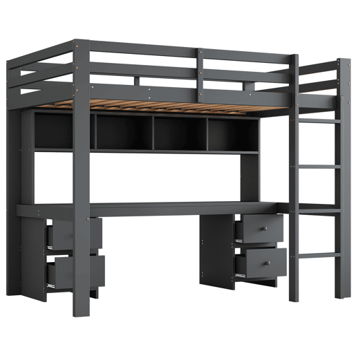 Cama mezzanine 90x200 cm - com secretária e 2 cómodas - pinho maciço e MDF - Cinzento