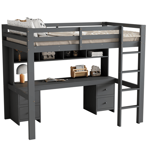 Cama mezzanine 90x200 cm - com secretária e 2 cómodas - pinho maciço e MDF - Cinzento