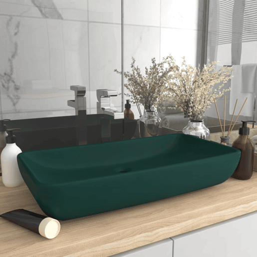 Lavatório - Lavabo - Pia de banheiro luxuoso retangular 71x38cm cerâmica verde-escuro mate Lavatório - Lavabo - Pia de banheiro luxuoso retangular 71x38cm cerâmica verde-escuro mate