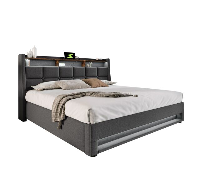 Cama de matrimonio de lino 140x200cm con almacenaje,gris