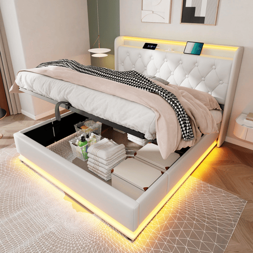 Cama de casal de pu 160x200cm com armazenamento,luz led,branco