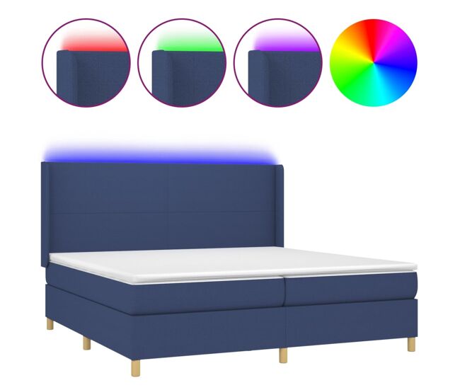 Cama box spring colchón y luces led tela azul 200x200 cm diseño plano