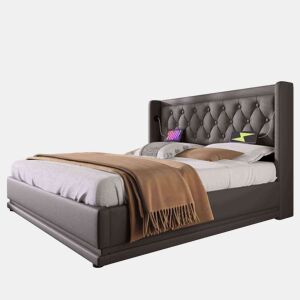Cama de casal de pu 140x200cm com armazenamento,luz led,preto