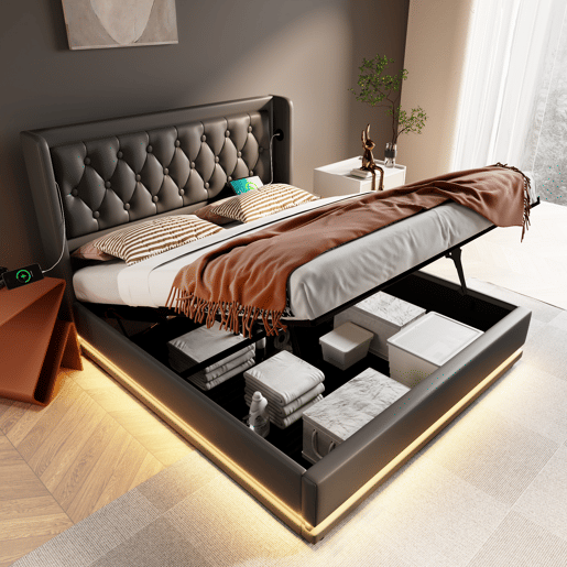Cama de casal de pu 140x200cm com armazenamento,luz led,preto