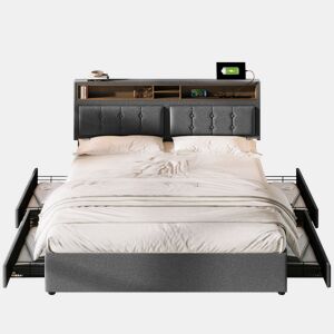 Cama de casal de linho 140x200cm com 4 gavetas,cinzento