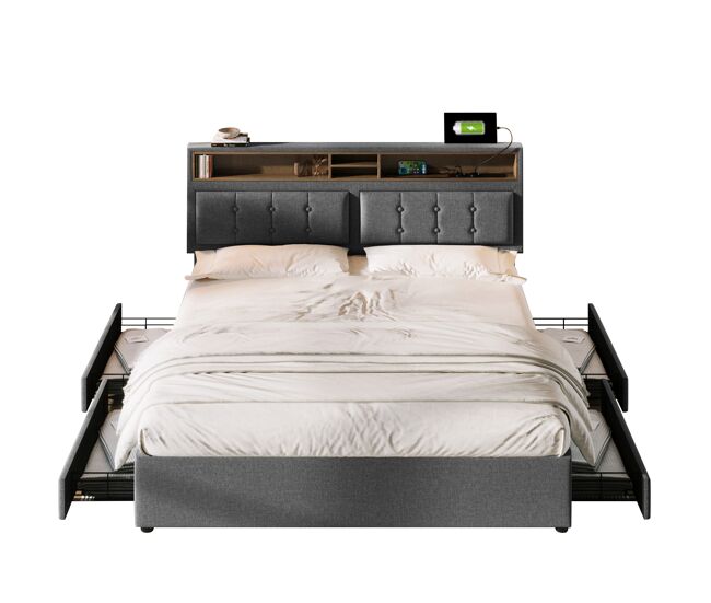 Cama de matrimonio de lino 140x200cm con 4 cajones,gris