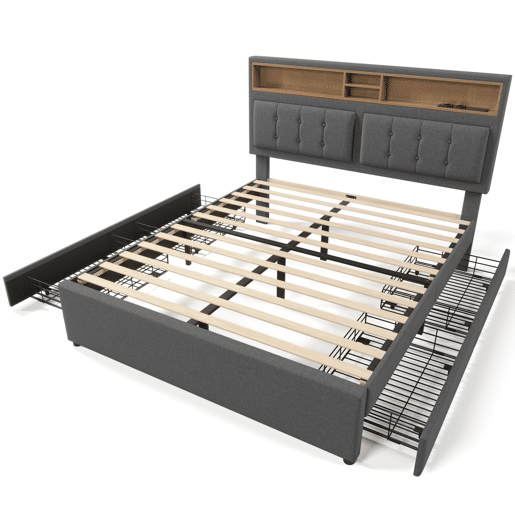 Cama de casal de linho 140x200cm com 4 gavetas,cinzento