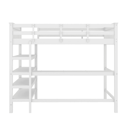 Cama alta em pinho maciço 140x200 cm com secretária e prateleira de arrumação - Branco