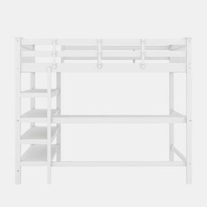Cama alta em pinho maciço 140x200 cm com secretária e prateleira de arrumação - Branco