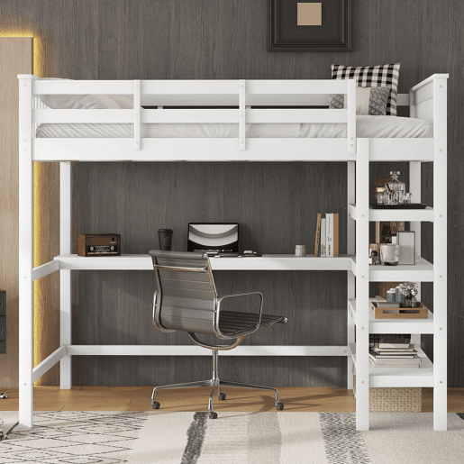 Cama alta em pinho maciço 140x200 cm com secretária e prateleira de arrumação - Branco