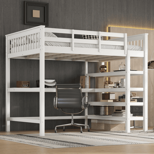 Cama alta em pinho maciço 140x200 cm com secretária e prateleira de arrumação - Branco