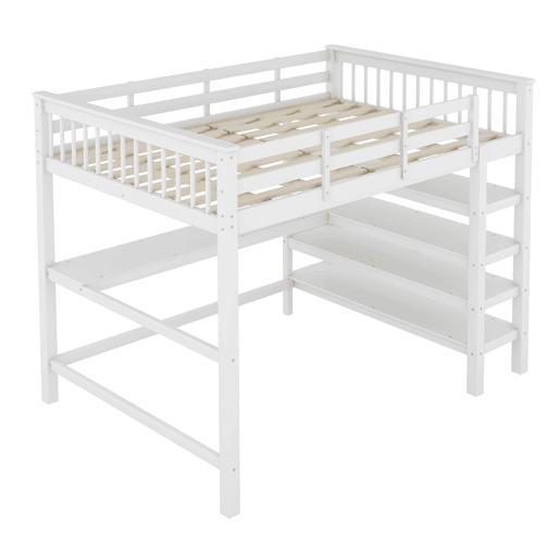Cama alta em pinho maciço 140x200 cm com secretária e prateleira de arrumação - Branco