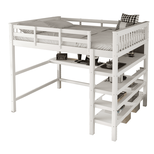 Cama alta em pinho maciço 140x200 cm com secretária e prateleira de arrumação - Branco