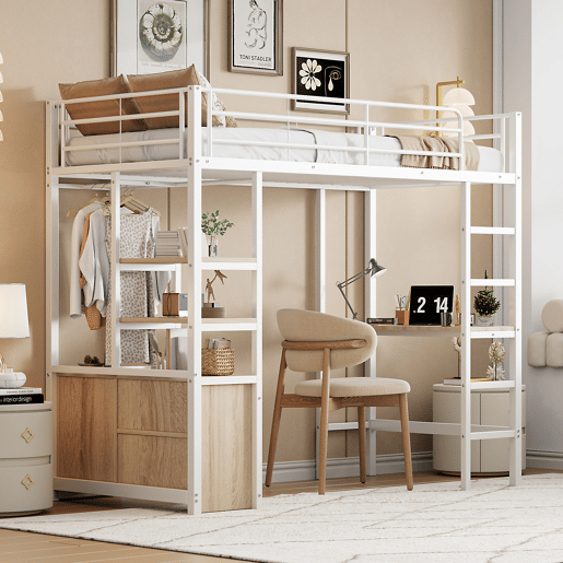 Cama loft metálica 90x200 cm - com secretária + tomadas USB + barreiras - Branco