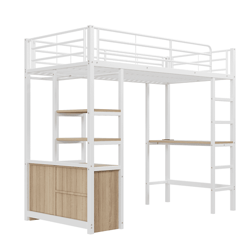 Cama loft metálica 90x200 cm - com secretária + tomadas USB + barreiras - Branco