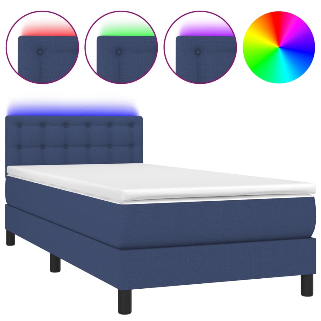 Cama box spring colchón y luces led tela azul 100x200 cm botones