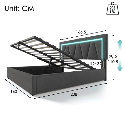 Cama de casal de linho 160x200cm com armazenamento,luz led,cinzento