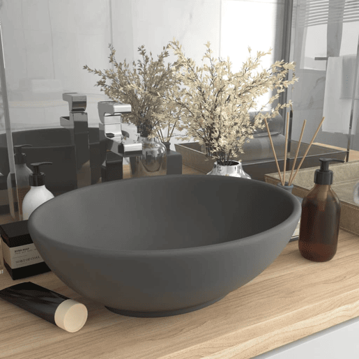 Lavatório - Lavabo - Pia de banheiro luxuoso oval 40x33cm cerâmica cinzento-escuro mate