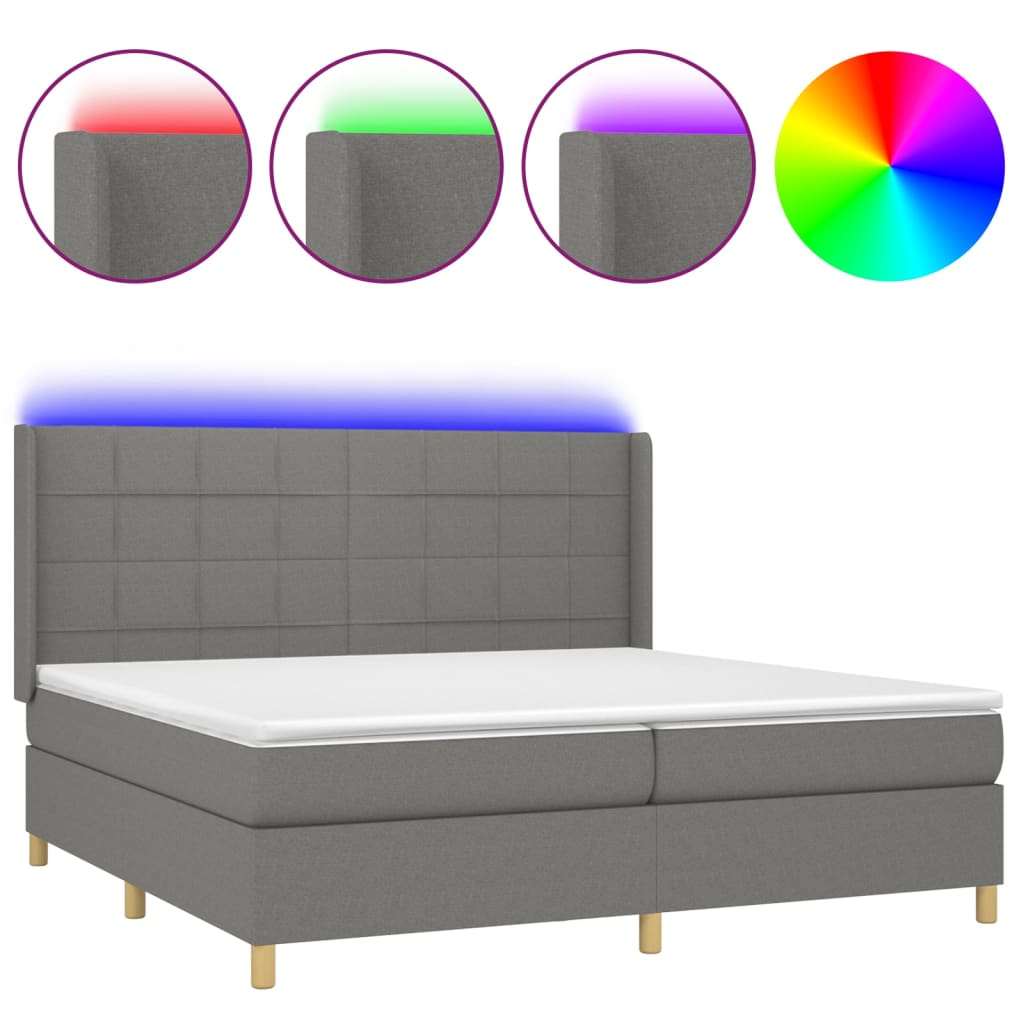 Cama box spring colchón y luces led tela gris claro 200x200 cm bloques con cuadros