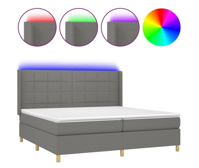 Cama box spring colchón y luces led tela gris claro 200x200 cm bloques con cuadros