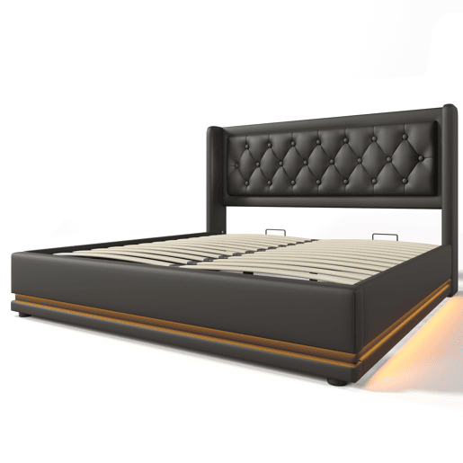 Cama de casal de pu 160x200cm com armazenamento,luz led,preto
