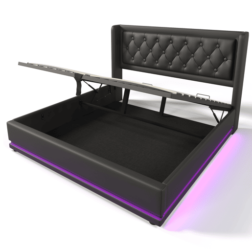 Cama de casal de pu 160x200cm com armazenamento,luz led,preto