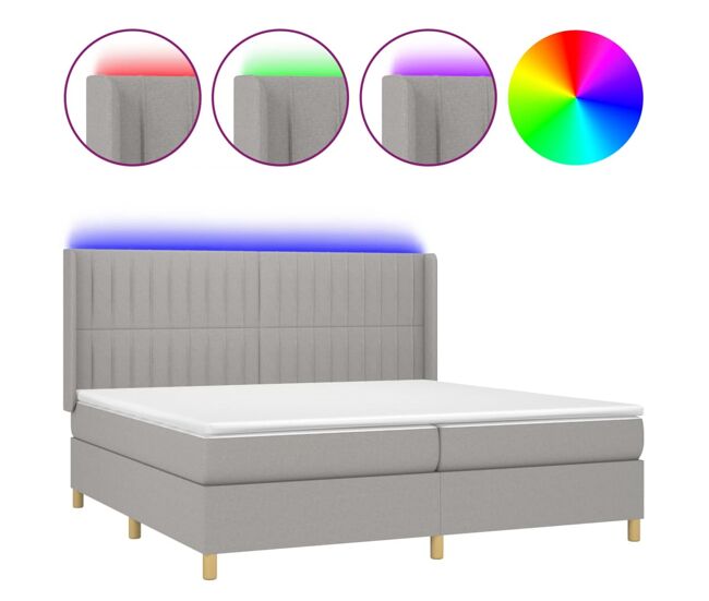 Cama box spring con colchón tela y led gris claro 200x200 cm rayas verticales