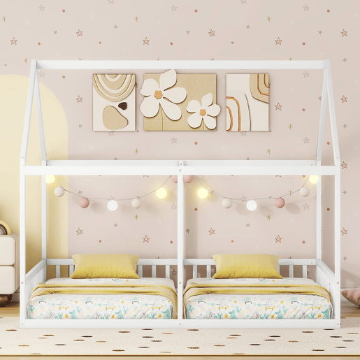 Cabana-cama em madeira de pinho 2x90x200cm - com teto e estrado - Branco