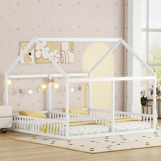 Cabana-cama em madeira de pinho 2x90x200cm - com teto e estrado - Branco