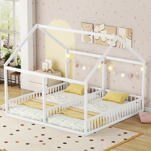Cabana-cama em madeira de pinho 2x90x200cm - com teto e estrado - Branco