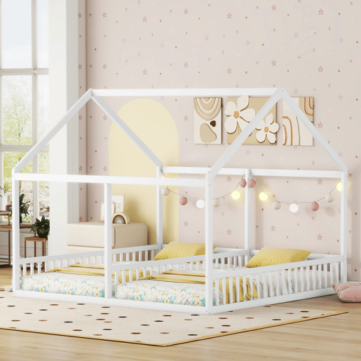 Cabana-cama em madeira de pinho 2x90x200cm - com teto e estrado - Branco