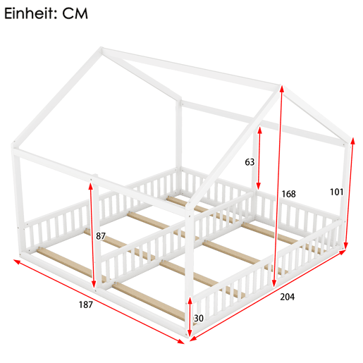 Cabana-cama em madeira de pinho 2x90x200cm - com teto e estrado - Branco