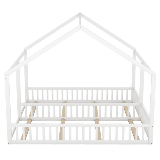 Cabana-cama em madeira de pinho 2x90x200cm - com teto e estrado - Branco